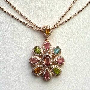 NTR15 3.57CT Rainbow Tourmaline 3D ART DECO FLOWER Pendant 18K Rose Gold S925